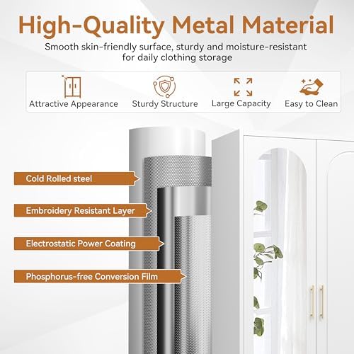 Polup Metal Armoire Wardrobe Closet with Mirror, Clothing Storage Cabinet