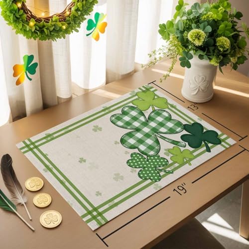 St. Patrick's Day Watercolor Shamrock Clovers Placemats Set of 6, Rustic Green Buffalo Plaid Cotton Linen Table Mats Washable Spring Holidays Decorations For Kitchen Dining Table French Stripes