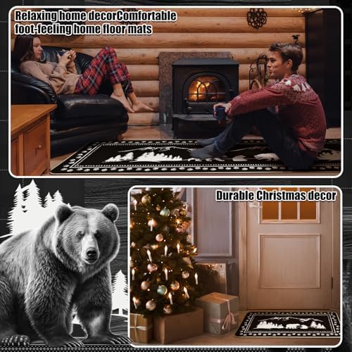 Pickmesh Set of 3 Kitchen Mats Cabin Bear Rugs Woodland Nursery Mat Decor Rustic Lodge Theme Area Rug with Bear and Cub Mountain Scene Cabin Carpet for Home Bathroom (Classic Style)