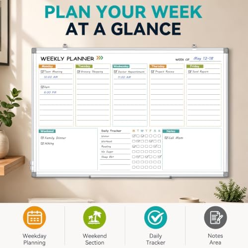 Weekly Dry Erase Calendar Whiteboard with Corkboard, 30" x 20", Silver