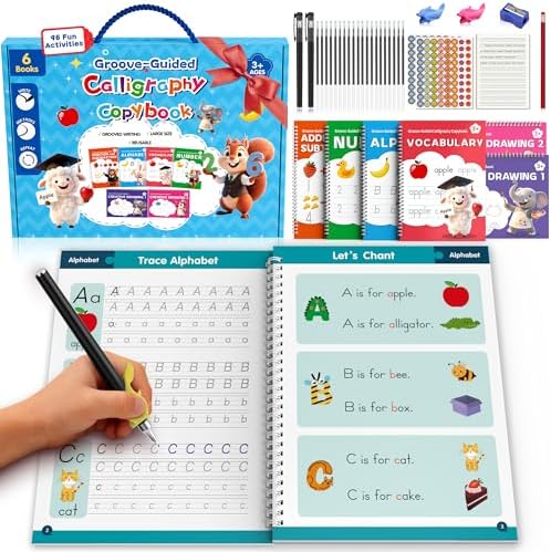 WANFRES Reusable Grooved Handwriting Practice Book for Kids Ages 3-6,Preschool Writing Workbook with Letter Tracing,Number Practice,Drawing Activities and Guided Writing Pages,Early Learning Activity.