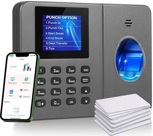 App-Controlled Time Clock with 5s Fast Connection, Edit Records, Set Rules & Run 4 Reports, No Monthly Fee, Fingerprint Time Clock for Employees Small Business, 10 IC Cards