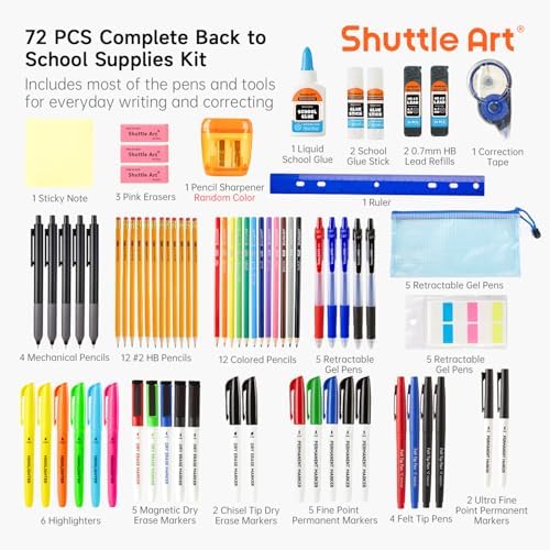 Shuttle Art 71 Pack School Supplies Kit, Back to School Supplies for Teachers, Middle High Schools, College School Supply with Highlighters, Pencils, Gel Pens, Dry Erase Markers, Felt Tip Pens, Glue