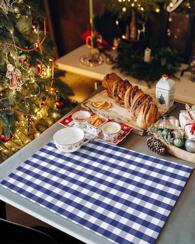 Rustic Navy Blue White Buffalo Check Plaid Pattern Placemat 1PC, Farmhouse Heat Resistant Washable Table Place Mats Cotton Table Linens Party Holiday Decor for Kitchen Dining Outdoor Indoor