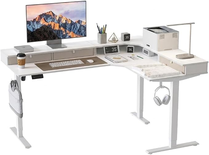 CubiCubi 63x48 Inches L Shaped Standing Desk with 3 Drawers and Monitor Shelf, Height Adjustable Corner Computer Desk with Hooks, Sit Stand Up Ergonomic Home Office Workstation Table, Warm White