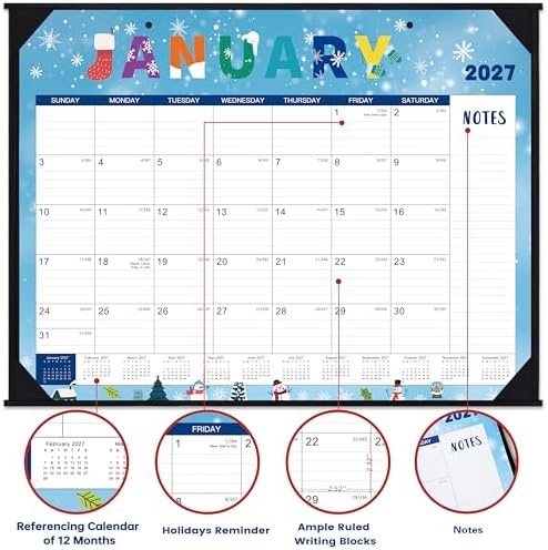 2027 Desk Calendar - Large Desk Calendar 2027, 22" x 17", Jan. 2027 - Dec. 2027, Desk Calendars Large, 12 Months, Corner Protectors, Hanging Holes, Notes - 12 Themes