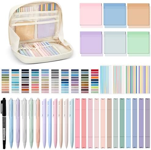 135 Pcs Book Annotation Kit Aesthetic Pencil Case Bag 12 Highlighter 11 Gel Pen 1 Marker 300 Sheet Transparent Sticky Notes Pad 2640 Index Stickers Bible Study Supplies(Kawaii,Beige)