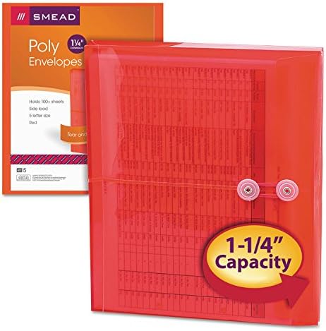 Smead Poly Envelope, 1-1/4" Expansion, String-Tie Closure, Side Load, Letter Size, Red, 5 per Pack (89527)