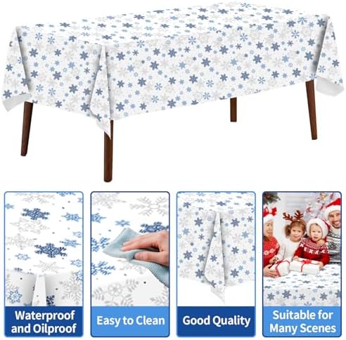 CXPSINC 54 Inch X 300 Feet Plastic Table Cover Roll Disposable Tablecloth with Slide Cutter for All Type/Shape Tables | Party, Banquet, Birthdays, Weddings(Christmas Blue Snowflake, 300 Feet)