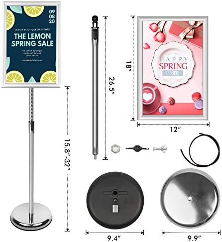 DISPLAYSWORKER Adjustable Poster Sign Stand,Floor-Standing Sign Holder with Heavy Duty Pedestal,for school hospital church shopping mall Silver 11 x 17inch