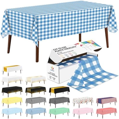 CXPSINC 54 Inch X 100 Feet Plastic Table Cover Roll Disposable Tablecloth with Slide Cutter for All Type/Shape Tables | Party, Banquet, Birthdays, Weddings(Blue Checkered, 100 Feet)