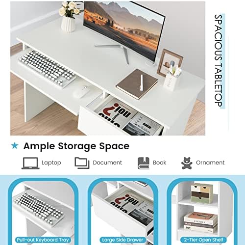 COSTWAY Computer Desk with Keyboard Tray, Large Drawer, Home Office Desk with Adjustable Shelf & Cable Hole, Study Desk, Modern Writing Workstation, PC Laptop Table (White)