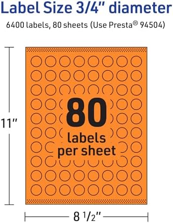 Avery Printable Round Labels, Sure Feed Technology, 3/4" Diameter, Bright Orange Labels, Print-to-the-Edge, Laser/Inkjet, 6,400 Total, Great for Price Stickers and Mailing Seals