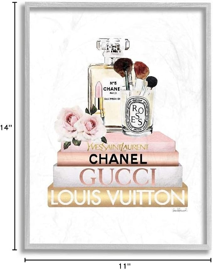Stupell Industries 'Glam Cosmetics on Fashion Books', Framed Giclee Art, Gray, 11 x 14 Inches, Easy to Hang and Sturdy, Made in USA, by Amanda Greenwood