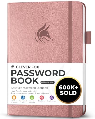 Clever Fox Password Book with Alphabetical Tabs, 5.3"x7.7" Keeper Rose Gold