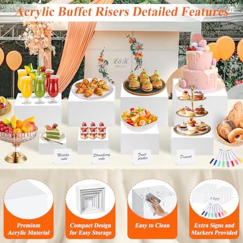 11 Pcs White Acrylic Buffet Risers and Stand with Mini Table Sign and Maker