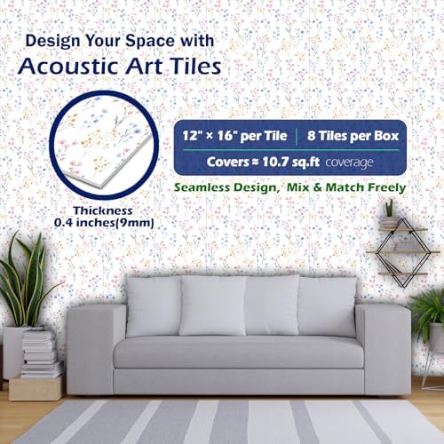 PINWELIFE® Acoustic Art Tiles – 8-Pack 12"x16" Sound Absorbing Panels, Seamless Wallpaper-Style Decorative Acoustic Wall Art, Echo Reduction for Home Studio/Office, Nano Tape Included