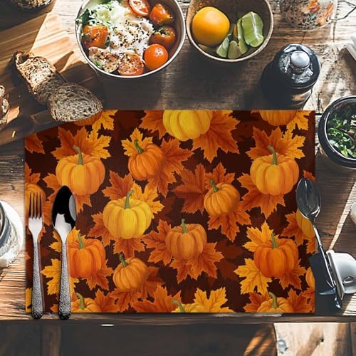 Thanksgiving Placemats Set of 4,Cotton Linen Heat Resistant Table Mats Washable Farmhouse Harvest Pumpkin Maple Leaves It's Fall Y'all Placemat for Holiday Banquet Party Dining Kitchen Table Decor