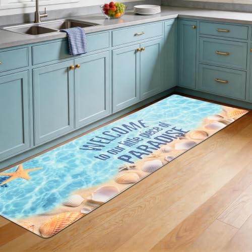 Coatal Beach Theme Kitchen Mats Rugs Set of 2 Anti Fatigue Kitchen Mats for Floor Cushioned Waterproof Non Slip Comfort Standing Mat for Sink Laundry, Ocean Blue
