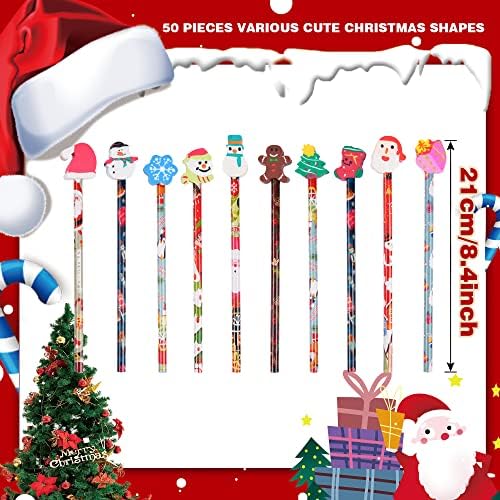SAIWEILAI ONLINE 50 Pieces Christmas Pencils Elk Snowflake Wood Pencils with With Giant Snowman Xmas Tree Eraser Assortment Christmas Stationery Pencil for Christmas Supplies