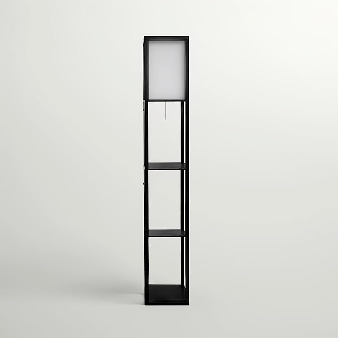 Brightech Maxwell - Modern Shelf Floor Lamp with Lamp Shade & Warm White LED Bulb, Corner Display Floor Lamp with Shelves for Living Room, Bedroom, Nightstand Office, Home Decor Storage - Black