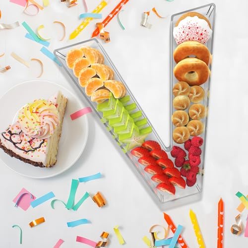 11" Acrylic Letter Charcuterie Box, Reusable Fillable Alphabet Number Shaped Form Tray for Birthday Anniversaries, Party Decorative Serving Plates Display Candy Cake (V)