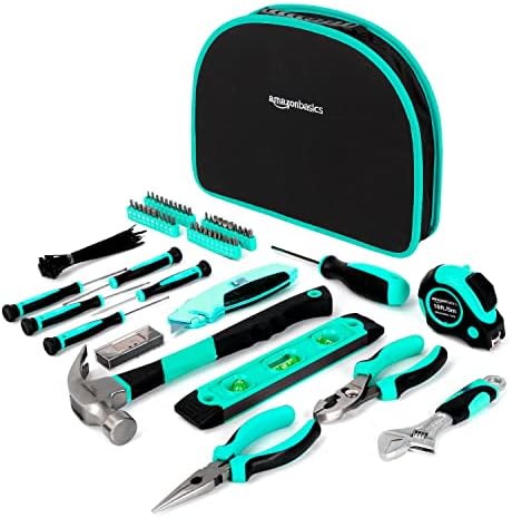 Amazon Basics 104-Piece Home Repair Household Tool Set with Easy Carrying Round Pouch, Portable Hand Tool Kit, Turquoise, 14.4 x 11.4 x 3 inches