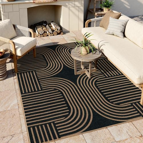 Lahome Modern Geometric 5x7 Outdoor Rug, Easy Jute Black Patio Rug