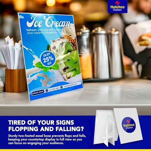Paper Sign Holder (8.5 x 11 Inches) Plastic Countertop Display w/Shatterproof (No Acrylic) Clear Design & Cardboard Easel Back Tabletop Slant Support for Stackable Lightweight Portable by Hutchco