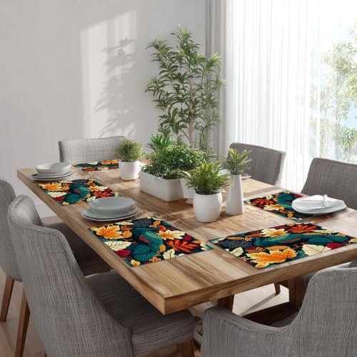 Batmerry Turquoise Thanksgiving Turkey Linen Placemats Set of 6, Autumn Berries Leaves Washable Table Mats for Kitchen Table Thickened Heat Insulation Dining Set Indoor Outdoor 12X18 in