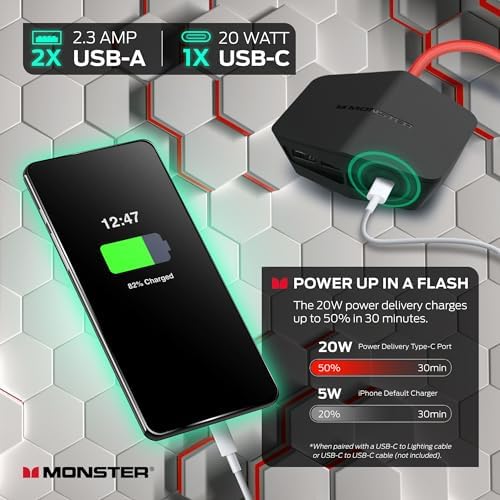 Monster Power Center Vertex XL Surge Protector With Detachable Power Strip, 10 AC Outlets, 2 USB-A Ports & 1 USB-C Port (20W)