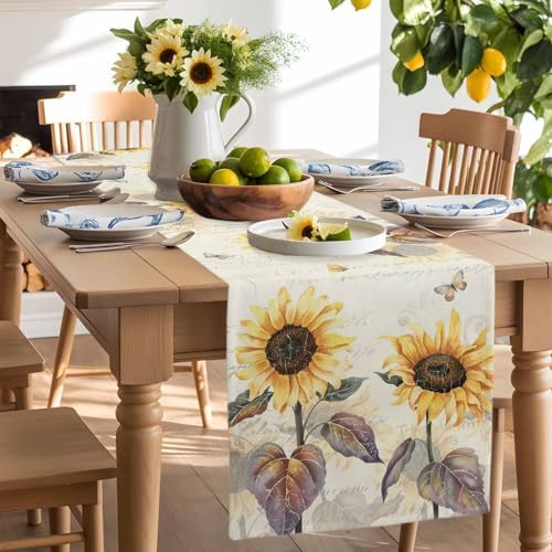 Farmhouse Sunflower Table Runner Dresser Scarf 13 x 108 Inch Vintage Yellow Flower Butterfly Botanical Table Runners Non-Slip Heat Resistant Kitchen Dining Table Decor for Home Holidays Indoor Outdoor