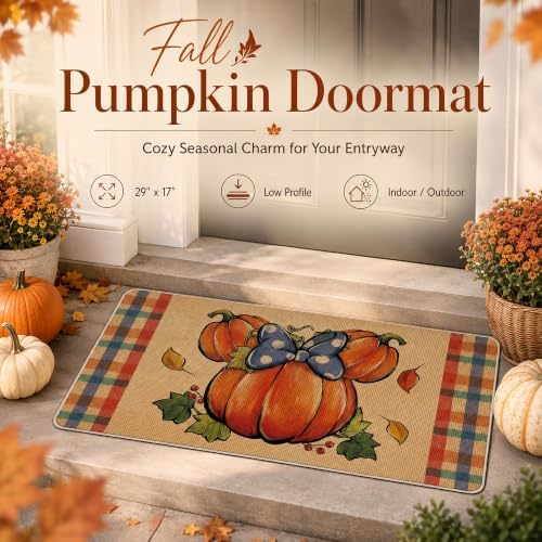 Welcome Pumpkin Decorative Front Door Mat, Autumn Plaid Doormat