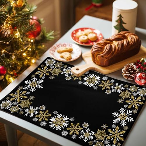 Gold White Snowflakes Chriatmas Placemats Set of 6, Winter Xmas Holiday Heat Resistant Washable Table Place Mats Black Cotton Table Linens Party Holiday Decor for Kitchen Dining Outdoor Indoor