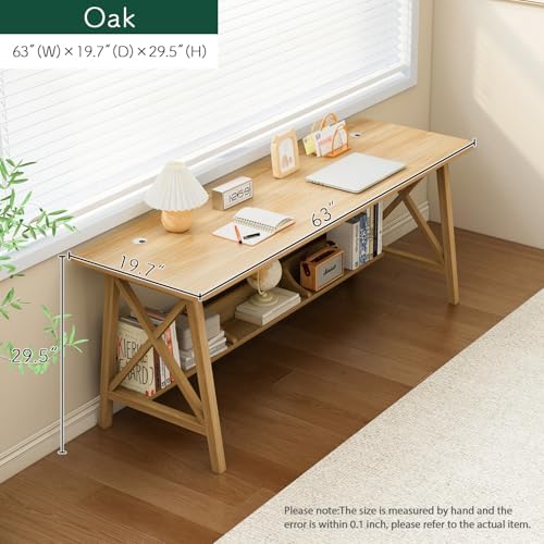 NELYE Extra Long Writing Desk with Bookshelf, 63" Wx20 Dx30 H, Oak