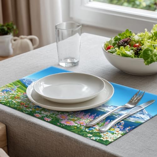 Batmerry Serene Environment Alpine Ry Linen Placemats Set of 8, Blooming Flora Mountainous Terrain Washable Table Mats for Kitchen Table Thickened Heat Insulation Dining Set Indoor Outdoor 12X18 in