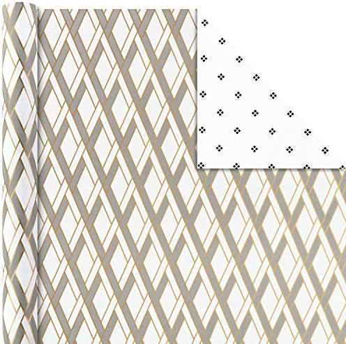 Hallmark Reversible Wrapping Paper Bundle with Ribbon & Gift Tag Stickers - Black, Gold Stripes, Plaid (3 Pack, 120 sq. ft. TTL, 30 Yds. Mini Ribbon, 36 Labels) for Graduations, Weddings, Christmas