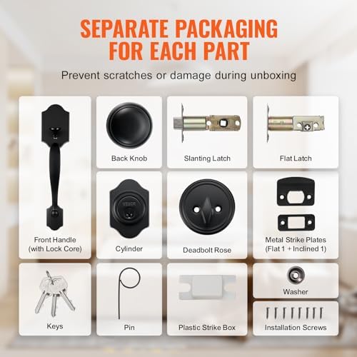 VEVOR Front Door Handle and Deadbolt Set, Matte Black Front Door Lock Set with Interior Knob, Adjustable Hole Spacing Single Cylinder Handleset, for Right and Left Handed Entrance and Front Door