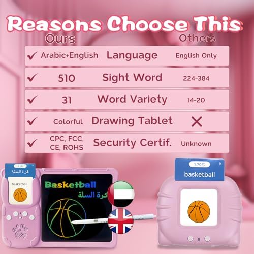 Writing Drawing Tablet with Talking Flash Cards - Arabic Pink
