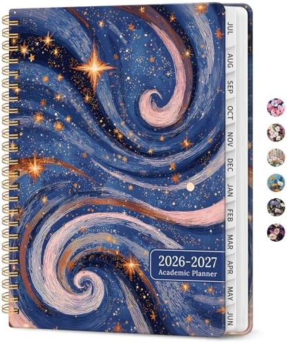 Planner 2026-2027, Monthly & Weekly Jul 2026-Jun 2027 Calendar Book | 6.3" x 8.5", Hardcover Spiral Planner with Tabs, School & Daily Pretty Agenda for Women, Students, Teachers, Stellar Whirl