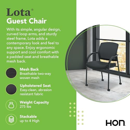 HON Lota Guest Chair with Arms and Wheels, Mesh Office Chairs, Black