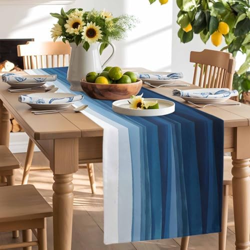 Blue White Ombre Table Runner Dresser Scarf 13 x 72 Inch Abstract Gradient Ocean Waves Modern Stripe Table Runners Non-Slip Heat Resistant Kitchen Dining Table Decor for Home Holidays Indoor Outdoor