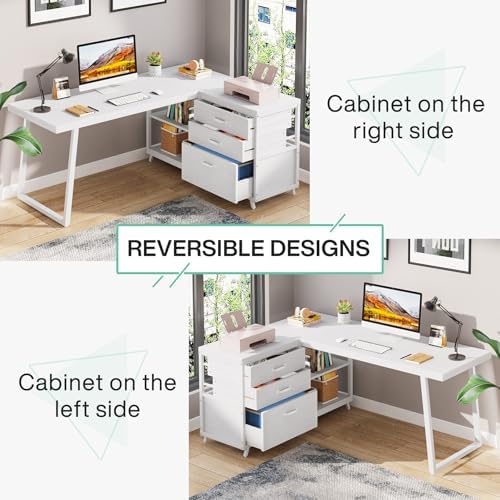 Tribesigns L-Shaped Computer Desk with 3 Drawers, Reversible Corner Home Office Desk with Shelves, 53-Inch Industrial PC Desk Study Writing Table Workstation for Small Space, White