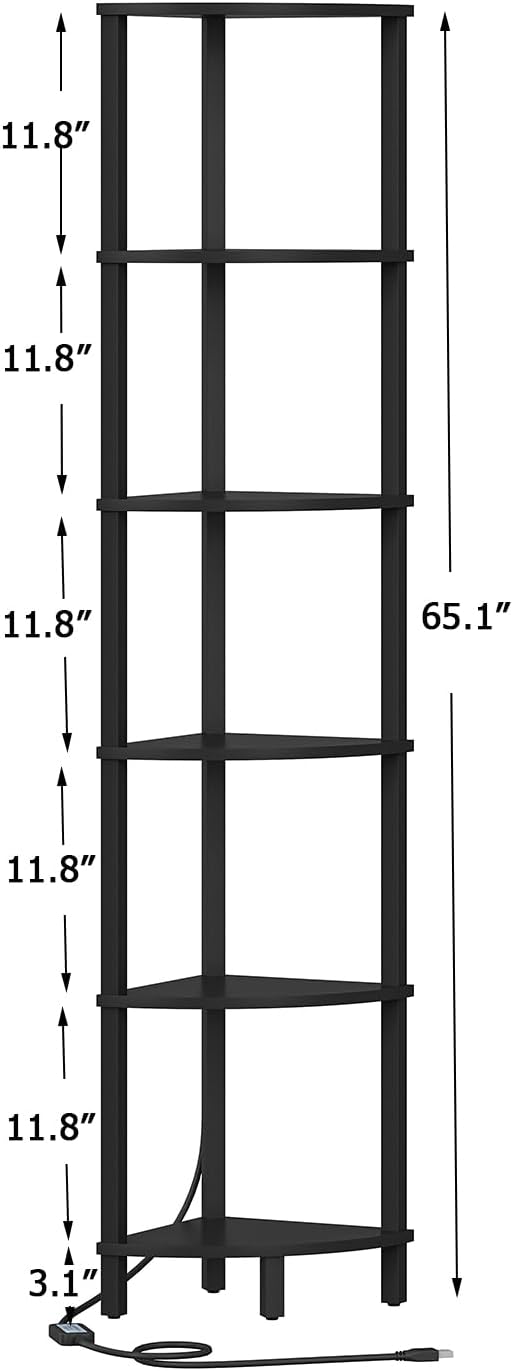 VIMBER 6-Tier Corner Shelf with LED Light, Industrial Corner Ladder Shelf, Rustic Display Shelf for Living Room, Bedroom, Kitchen, Home Office, Sturdy Frame, Black UJSJ002B
