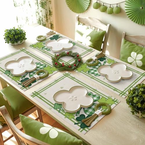 St. Patrick's Day Watercolor Shamrock Clovers Placemats Set of 4, Rustic Green Buffalo Plaid Cotton Linen Table Mats Washable Spring Holidays Decorations For Kitchen Dining Table French Stripes