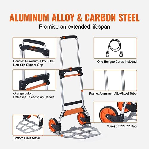 VEVOR Folding Hand Truck and Dolly, 275 Lbs Capacity, Aluminum Foldable Cart, Heavy-Duty Luggage Trolley Cart with Telescoping Handle and PP+TPR Wheels for Home, Office, Shopping, Travel