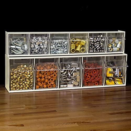 Akro-Mils TiltView Plastic Storage Cabinet with 5 Tilt Out Bins, Horizontal Plastic Parts Organizer, Teacher Toolbox, and Office Supply Organizer, 23-5/8" W x 6-1/2" H x 5-5/8" D, Stone