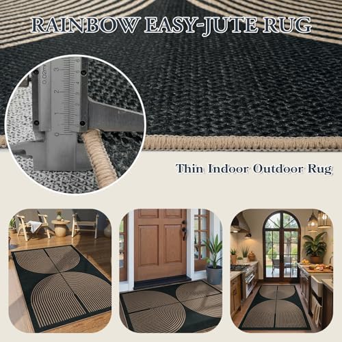 Lahome Modern Rainbow Easy Jute Outdoor Patio Rug, 3x5 Black Office Rug
