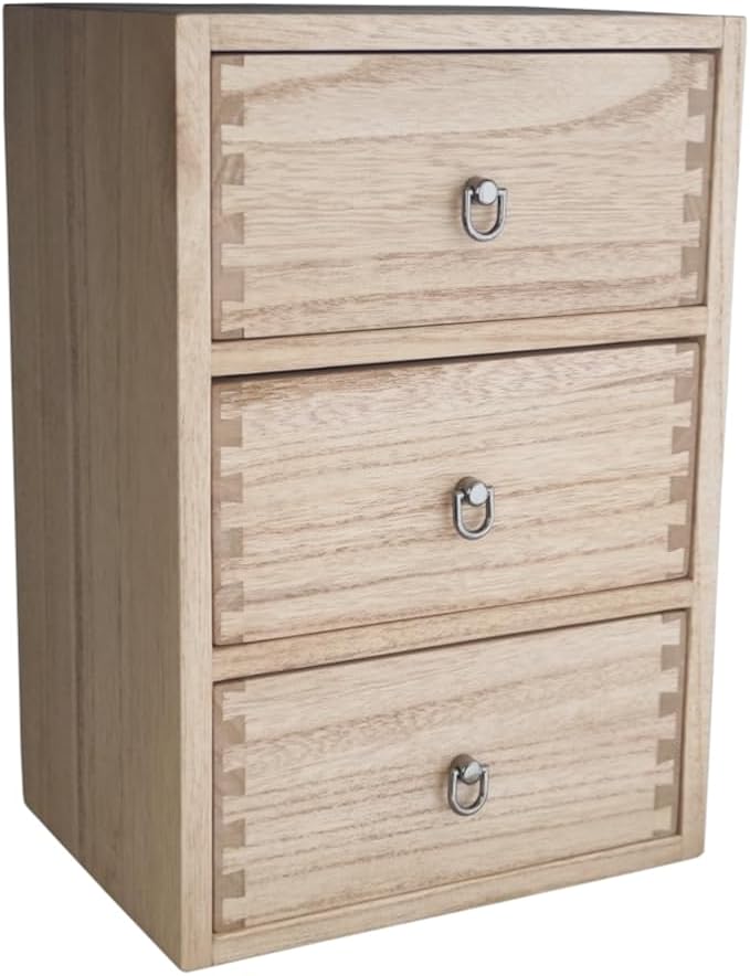 DDYURI Desktop Drawer Organizer Drawers Wooden Box Caddy Office Supplies Storage on Dresser Table 3-Tier Color-Light Brown