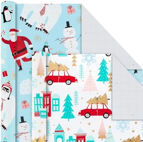 Hallmark Holiday Wrapping Paper Bundle with Cut Lines on Reverse, Quirky Christmas (Pack of 4, 120 sq. ft. ttl) Yeti, Santa, Penguin, Snowflakes, Blue, Gold